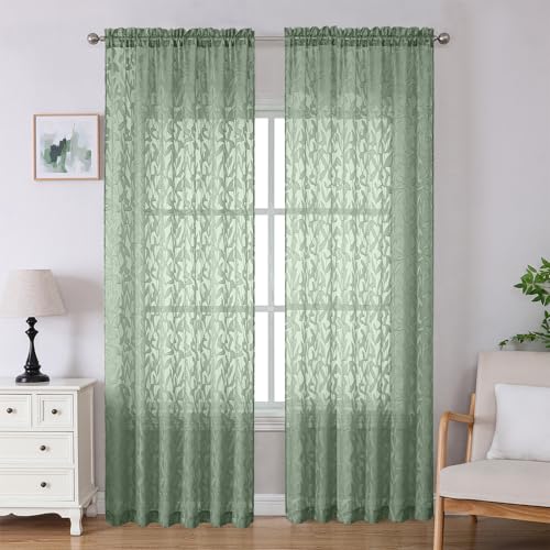 "Lecloud Leia Sage Green Sheer Curtains 96 Inches Long 2 Panels, Airy Voile Jacquard Leaf Textured Curtains, Light Filtering Farmhouse Rod Pocket Curtain Drapes for Bedroom Living Room, 52"" W x 96"" L"