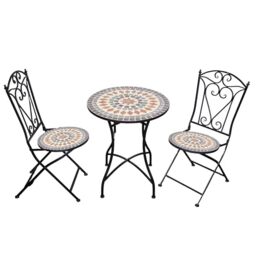 Mosaic Bistro Set 3 Pieces - 2 Folding Chairs and Round Table 60cm Marrakech Metal Outdoor Garden Furniture Set for Balcony, Terrace, Porch, Outdoor Dining