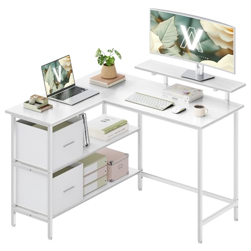 VASAGLE L-Shaped Desk with 2 Spacious Drawers, Gaming Desk with Monitor Stand, Corner Desk, Computer Desk with Adjustable Storage Shelf, for Home Office, Maple White LWD097W01