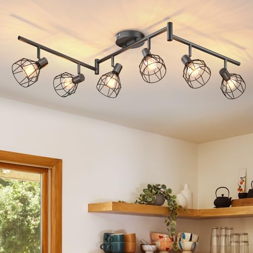 Dehobo E14 Ceiling Spot Light, Adjustable Metal Wire Cage, Black 6 Way - Kitchen Spotlight Ceiling Lights Industrial for Indoor Bedroom Hallway Living Room Shop, Bulbs Not Included, Max.40W