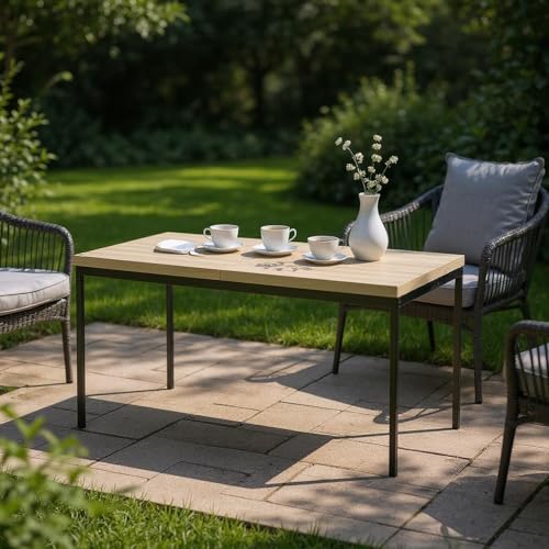 FurnitureR Bistro Tables for Garden in Grey, Sleek and Elegant Style for 4 to 6 People, Thick Wooden Top with Metal Frame, for Cafe, Balcony, Patio, 150 x 75 x 75 cm