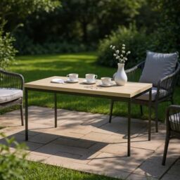 FurnitureR Bistro Tables for Garden in Grey, Sleek and Elegant Style for 4 to 6 People, Thick Wooden Top with Metal Frame, for Cafe, Balcony, Patio, 150 x 75 x 75 cm