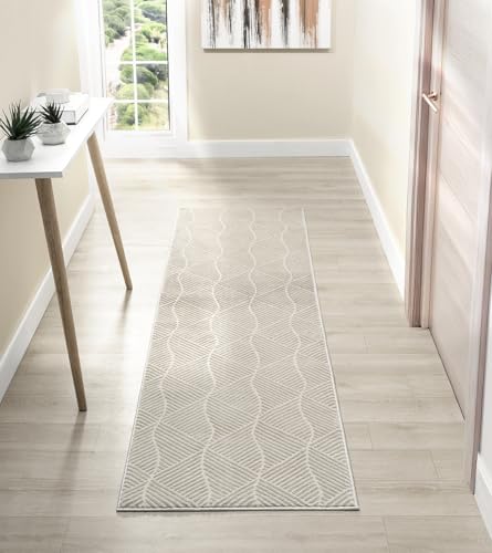 Rugs by Desire Vellure Modern Indoor Living Room Area Rug Embossed Cut-Shrink Pile with Metallic Sheen Jute Backing Living Room - Bedroom Hallway Carpet Pyramid Cream 60x220 cm