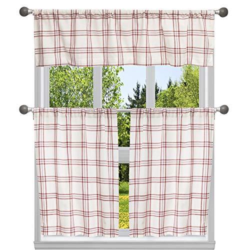 Home Maison Metallic Plaid Natural Kitchen Curtains and Valances Set, Garnet, 29x36