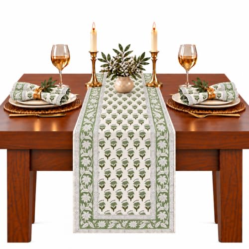 CPC Cotton Table Runner 16x106 inch Block Printed Long Fall Table Runner for Dining Table, Card Table, Coffee Table, Wedding, Farmhouse & Outdoor Barbeque-Emerald Green