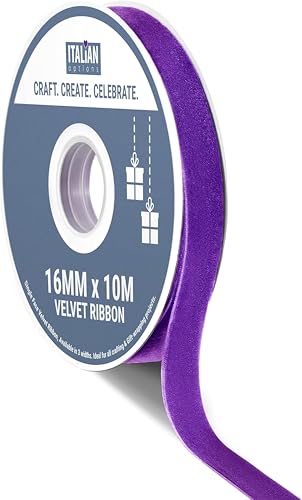 Italian Options Velvet Ribbon, Luxury, Single-Face Velvet Ribbon for Crafting, Christmas, Bows, Hair, Cakes, Weddings, Ornaments, Gift Wrapping, Flowers, 16mm x 10 Metre Roll, Purple