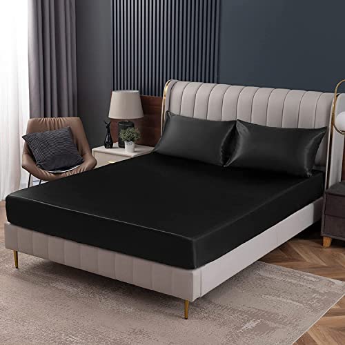 Homiest Black Satin Fitted Twin XL Size Deep Pocket Luxury & Ultra Soft Bedding Single Bottom Bed Sheets
