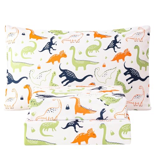 WINLIFE Kids Twin Sheet Set Dinosaur Printed - 3 Piece Cartoon Dino Soft Microfiber Bed Sheets - Deep Pocket - Easy Fit - Wrinkle Resistant Cozy Bedding Set for Toddler Boys Girls Teens