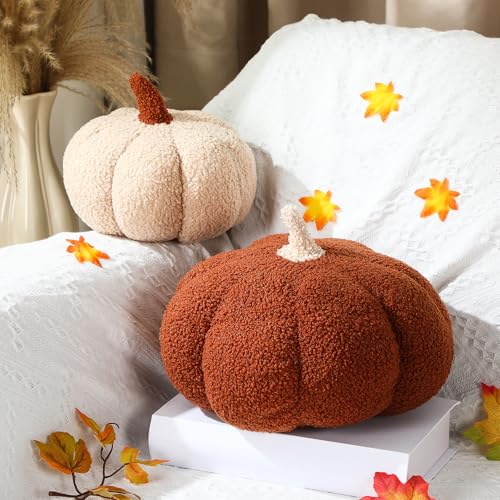 Queekay 2 Pcs Pumpkin Pillow 11 x 7 Inch and 7.87 x 5 Inch Fall Decorations for Home 3D Halloween Pumpkin Throw Pillows Cushion for Autumn Thanksgiving Home Sofa Bedroom Decor(White,Brown)