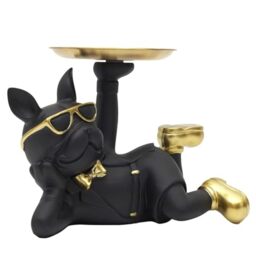 HOME DECO FACTORY, HD0156 Black Bulldog Statue Empty Pocket Elegant Decorative Resin Object Practical Storage Box for Keys and Jewellery, Modern Design, One Size, Black and Gold