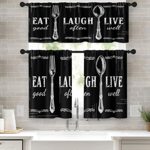 "Tayney Black White Kitchen Window Curtains Valance and Tier Set, Farmhouse Eat Good Laugh Often Live Well Rod Pocket Short Tier Curtain, Abstract Small Drapes for Kitchen Decor 52"" x 24"""