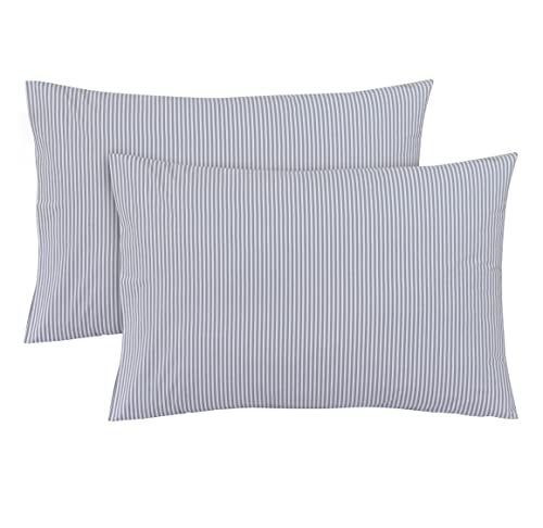FEATHER & STITCH NEW YORK 100% Cotton 2 Piece King Pillow Cases, 300TC Ultra-Soft Pillowcases with Envelope Closure, Wrinkle- Fade- Stain Resistant - 20x40 inches (King/Pillowcase, Grey Stripe)