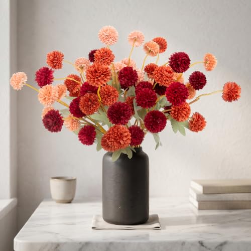 Hananona 12 Pcs Artificial Chrysanthemum Flowers, Orange Kiku Pom Pom Mums Flower Faux Fall Floral for Autumn Thanksgiving Halloween Kitchen Table Centerpiece Home Decor (12, Burgundy, Orange, Brown)