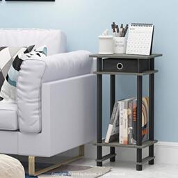 Furinno TURN-N-TUBE Side Table, 3-Tier Tall Narrow Modern End Table with Storage Bin, Open Shelf Night Stand, Bedside Table, Toolless Assembly, for Living Room, Bedroom, Grey Oak