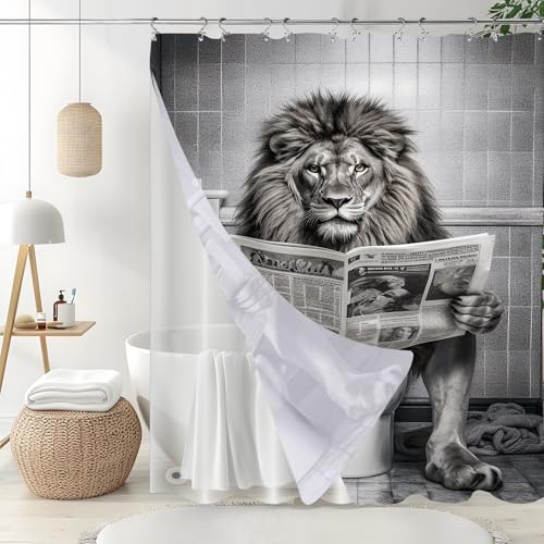 3 in 1 Funny Lion Shower Curtain with PEVA Liner Set, Fancy Humor Leo Animal on Toilet Fabric Shower Curtain with 12 Double Sided Stainless Steel Shower Curtains Hooks for Bathroom, 72 x 72