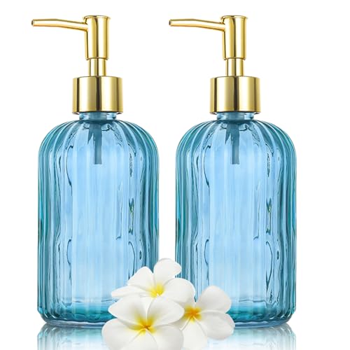 Glass Soap Dispenser Bottle with Pump, Versatile 14 Oz Dripless Pump Bottle, Refillable Liquid Hand Jar Dispenser for Bathroom, Countertop, Kitchen, Laundry Room (Blue, 2 Pack)