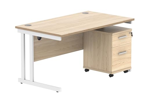 Office Hippo Heavy Duty Contract Grade Office Desk Workstation and Lockable 2-Drawer Pedestal Set, 120kg Weight Tolerance, 5-Year Warranty, FSC Certified, Canadian Oak, White Legs, 1400 x 800mm