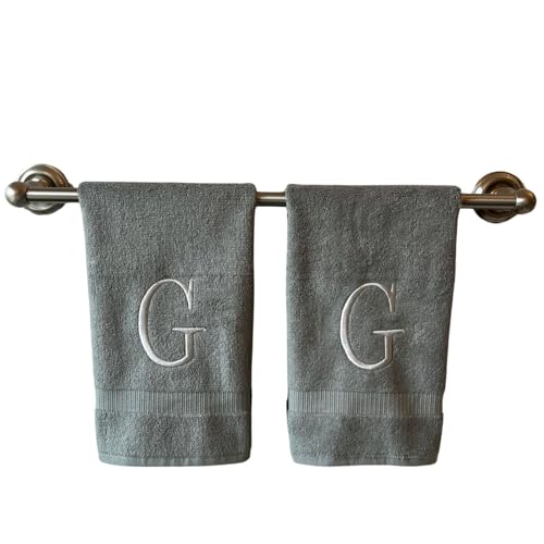 Gray with Silver Monogrammed Hand Towels for Bathroom - Set of 2 Letter G - Luxury Hotel Quality Initial Towels For Powder Room, Spa, GOTS Organic Certified