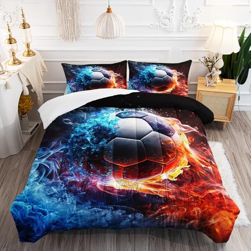 XYNHML Soccer Print Themed Comforter 3Pcs Queen Gaming Sport Soccer Bedding Set for Kid Teen Girl Boy Adult Balls Sports Games Ice and Fire Football Quilt Room Decor with 1 Comforter and 2 Pillowcases