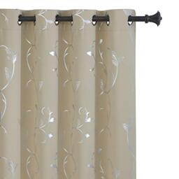BUHUA Blackout Curtains Silver Foil Print Flower Vine Grommet Drapes, Room Darkening Thermal Insulated Curtains, Noise Reducing Curtain for Bedroom, Beige, 66Wx84L, 2 Panels