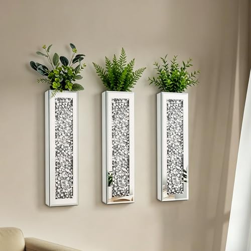 Azonsdop Silver Mirrored Vase Set of 3, Crystal Crush Diamond Flower Vase, Stunning Decorative Glass Hanging Planter & Container for Home Decor. Befit for Faux Plants. Can't Hold Water.