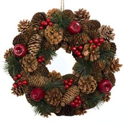 GreenBrokers Christmas Hanging Wreath 32cm- Festive Pine Cone Display with Red Berries, D1224