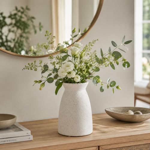 hjn White Flower Vase- Ceramic Vase for Decor, White vase for Flowers, Modern Vases for Living Room/Home Decor Accents/Entryway/Mantel/Bookshel-Frosted White