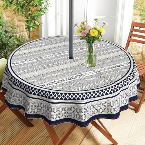 "Virtumob Outdoor Tablecloth with Umbrella Hole and Zipper, Round Patio Table Covers for Spring/Summer, Machine Washable Outdoor Picnic Table Cloth (Boho, 60"" Round)"
