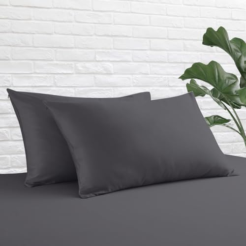 Standard Pillow Protector Set of 2, 100% Egyptian Cotton Cases With Zipper, 400 Thread Count Sateen Weave, Dark Grey, Standard Size Covers for Home/Hotel