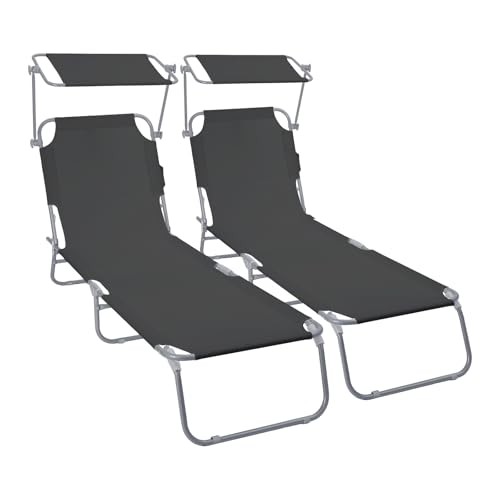 VOUNOT® Set of 2 Folding Sun Lounger with Adjustable Backrest & Sunshade, 4-Position Reclining Sun Bed, Portable Outdoor Garden Chair, Max Load 120kg, Black