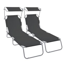 VOUNOT® Set of 2 Folding Sun Lounger with Adjustable Backrest & Sunshade, 4-Position Reclining Sun Bed, Portable Outdoor Garden Chair, Max Load 120kg, Black