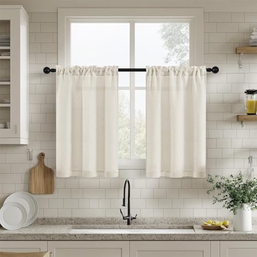 DUKIYO Linen Curtains Kitchen RV Campers Cafe Window 24 Inches Long 2 Panels Rustic Dual Rod Pocket Semi Sheer Curtains & Drapes Privacy Assured with Light Filtering for Farmhouse Natural W25 x L24
