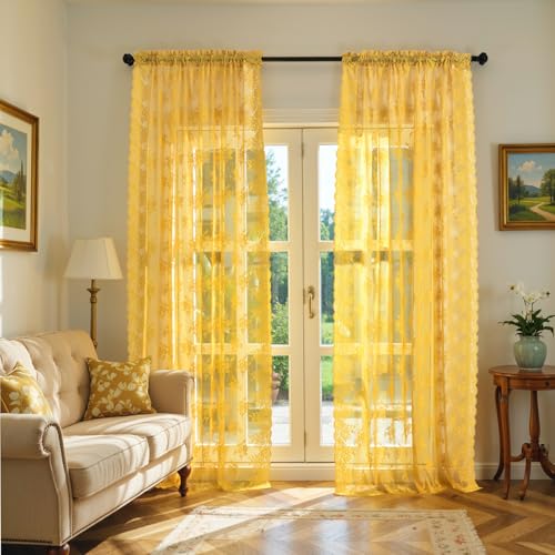Kotile - 96 Inch Gold Lace Curtains 2 Panels Country Rustic Floral Pattern Mustard Yellow Sheer Curtains for Living Room Bedroom with Rod Pocket