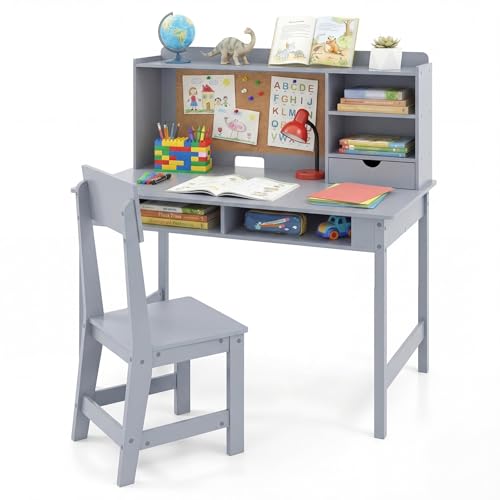 GYMAX Kids Desk and Chair Set, Wooden Children Study Table with Storage Space and Bulletin Board, Toddler Writing Desk Set for Boys Girls, 110 x 60 x 110 cm (Gray)