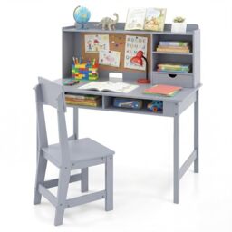 GYMAX Kids Desk and Chair Set, Wooden Children Study Table with Storage Space and Bulletin Board, Toddler Writing Desk Set for Boys Girls, 110 x 60 x 110 cm (Gray)