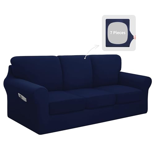 Easy-Going 7 Pieces Stretch Couch Cover Washable Sofa Cover Set for 3 Backrest and Seat Cushion Couch Anti-Slip Sofa Slipcover Furniture Protector with Elastic Bottom (X-Large, Navy)