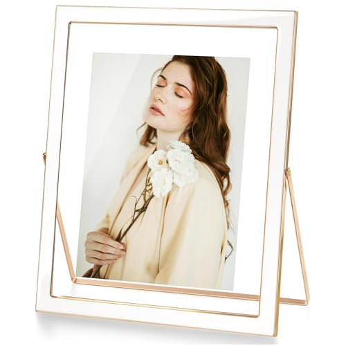 Axeman 8x10 Gold Floating Frame White Enamel Picture Frame with Metal Edge for 6x8, 5x7 up to 8x10 Photo Double Glass Floating Picture Frame for Desk Tabletop Shelf Vertical Display