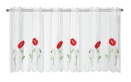 Gardinia Bistro Curtain Voile Embroidery Poppy White 155 x 45 cm