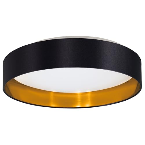 "Eglo LED Ceiling Light Maserlo 2, Flush Mount Textile lamp, Living Room Lighting Made of Fabric Gold and Black, White Plastic, Warm White, Ø 15"""