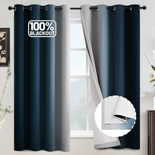 COSVIYA 100% Blackout Ombre Navy Blue Curtains for Bedroom with White Back,2 Thick Layers Thermal Insulated Room Darkening Grommet Window Drapes, 52x63 Inch, 2 Panels