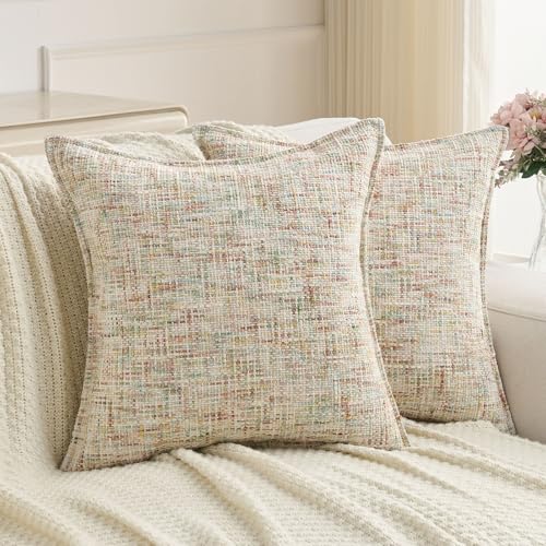 FUTEI Pack of 2 Tweed Chenille Throw Pillow Covers 18x18 Inch, Colorful - Premium Chenille Front/ Smooth Velvet Back,Hidden Zipper,Machine Washable,Pilling-Resistant,Colorfast, Insert Not Included.