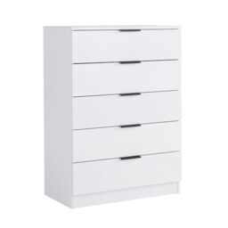 Home Source Phoenix Tall 5 Drawer Chest of Drawers, White – Contemporary Storage Cabinet – Smooth Metal Runners & Bar Handles – 63Wx35Dx90H cm