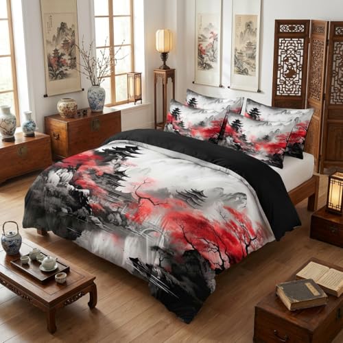CCoutueChen Japanese Style Comforter Set Queen Cherry Blossoms Bedding Black Red Chinese Watercolor Bed Set for Adult Women 3 Pcs All Season Soft Microfiber Down Alternative Comforter