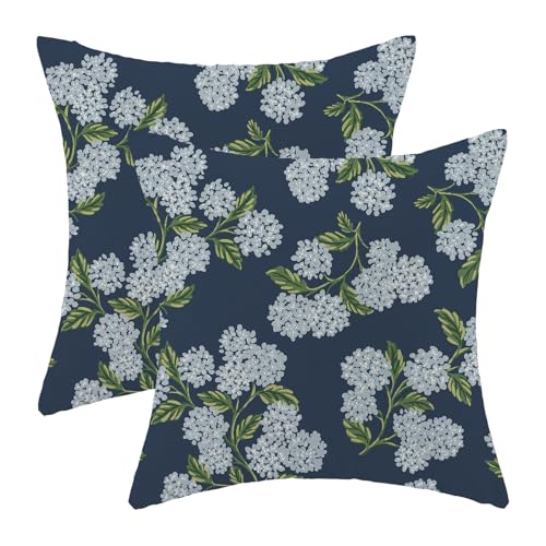 AEIOAE Spring Pillow Covers 18x18 Inch Set of 2, Navy Blue Green Hydrangea Flower Throw Pillows Case,Floral Summer Outdoor Seasonal Decorative Farmhouse Decor Cushion Covers for Home Sofa Bed Couch
