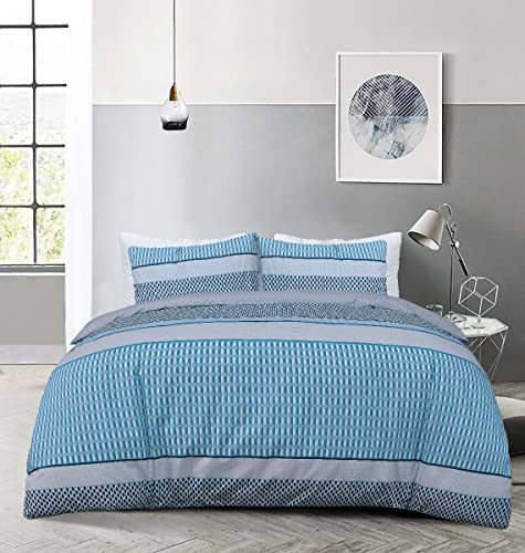 Sleepdown Stripe Geo Abstract Blue Grey Reversible Duvet Cover Quilt Pillow Cases Bedding Set Soft Easy Care - Double (200cm x 200cm)