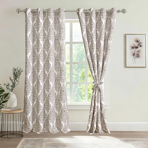 JIUZHEN White and Brown Damask Blackout Curtains for Bedroom??? Noise Reducing Thermal Insulated Grommet Curtains for Living Room, W 52 x L 96 Inch, 2 Panels with Tiebacks