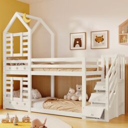 Merax Wooden Bunk Beds for Kids, 3FT Loft Bed with Storage Ladder and Guard Rail, Single Bed with Slatted Frame, Space-Saving Kids Bed Treehouse Canopy Design, White, 90x190 cm (No Mattress)