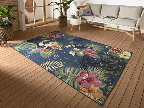 HANSE Home Tropical Dream Indoor & Outdoor Rug - Flat Weave Tropical Jungle Floral Palm Tree Design, Oeko-Tex Weatherproof & UV Resistant for Balcony, Patio, Garden, Blue Multicoloured, 160 x 235 cm