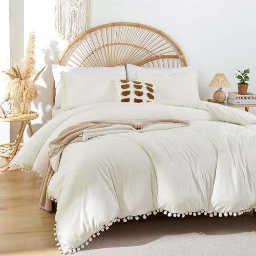 YIRDDEO Full Ivory Microfiber Comforter Set, 3pcs Boho Ball Pom Fringe Design Bedding Set (1 Comforter, 2 Pillowcases)
