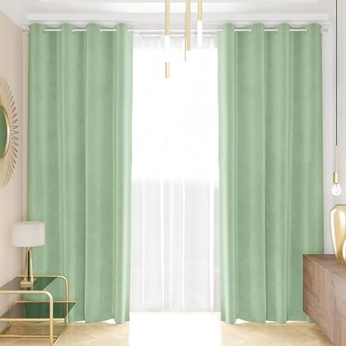 PETTI Artigiani Italiani - Velvet Curtains with Panels for Interior with Rings 2 Pieces 140 x 280 cm, Velvet Curtain for Bedroom and Living Room Blackout Modern Insulating Sage, 100% Made in Italy